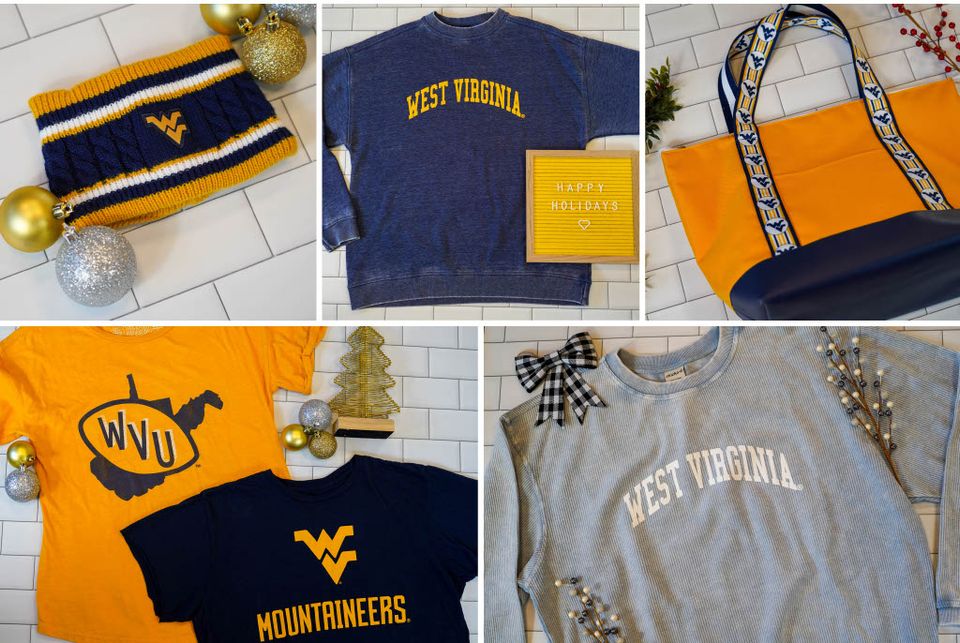 WVU branded womens sweatshirts and t-shirts in a grid pattern with a knit headband and soft cooler