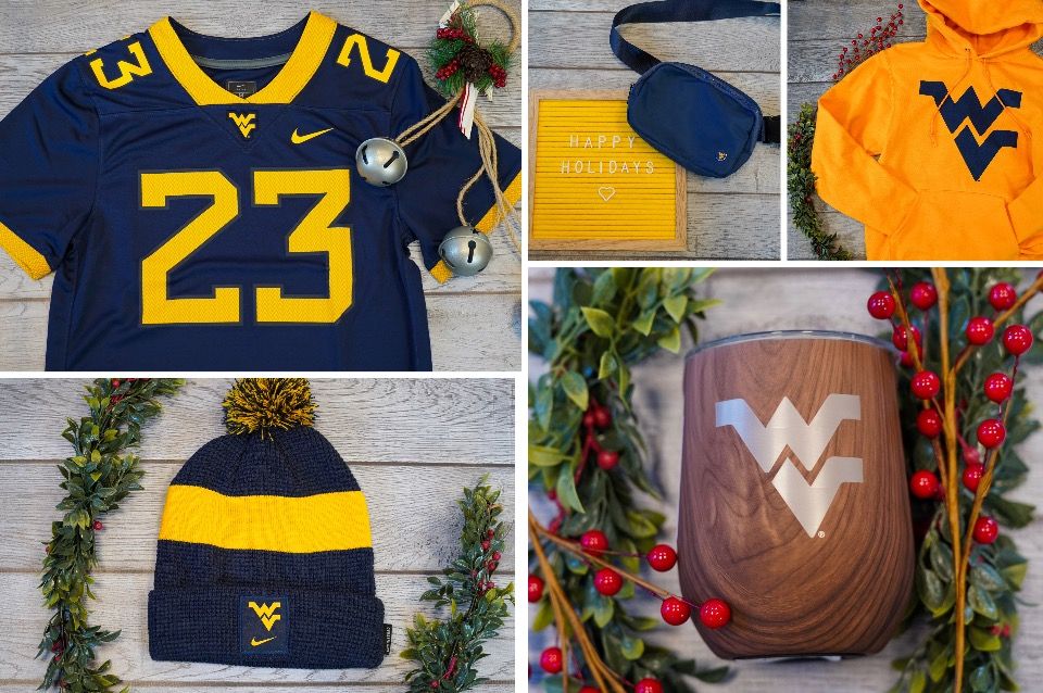 WVU football jersey, fanny pack, gold hoodie, navy knit hat, and wine tumbler