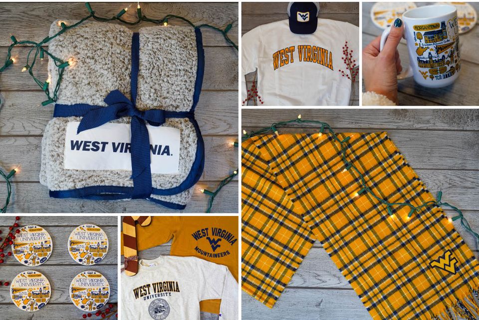 WVU branded fleece blanket, sweatshirt, hat, mug, scarf, and coasters
