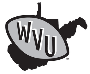 WVU inside a grey football shape sitting on West Virginia state outline