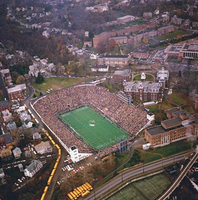 Aerial view of Mountaineer Field on the WVU downtown campus