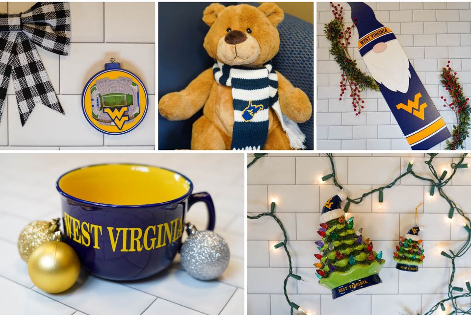 WVU branded stadium ornament, plush bear, porch leaner mug and christmas tree decor
