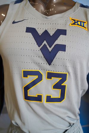 Grey mens basketball jersey with Flying WV and number 23
