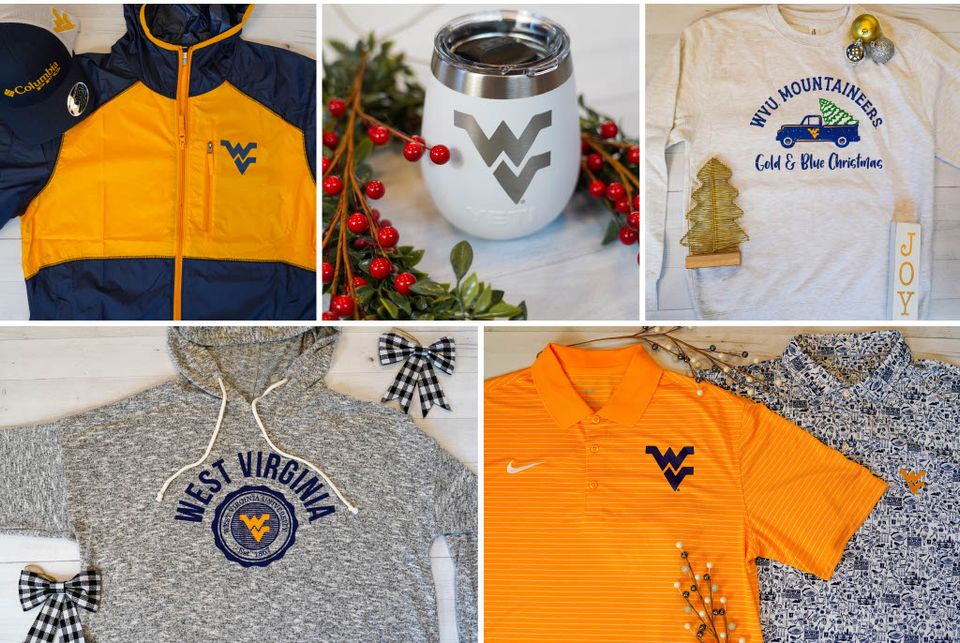 WVU Branded apparel including a jacket, holiday sweatshirt, wine tumbler, polos and hoodie
