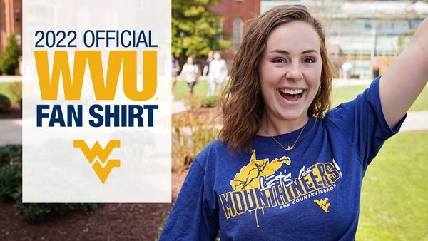 2022 Official WVU Fan Shirt with girl wearing blue t-shirt with WVU branding