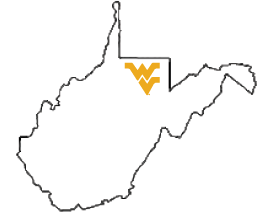 State outline of West Virginia with a gold Flying WV inside