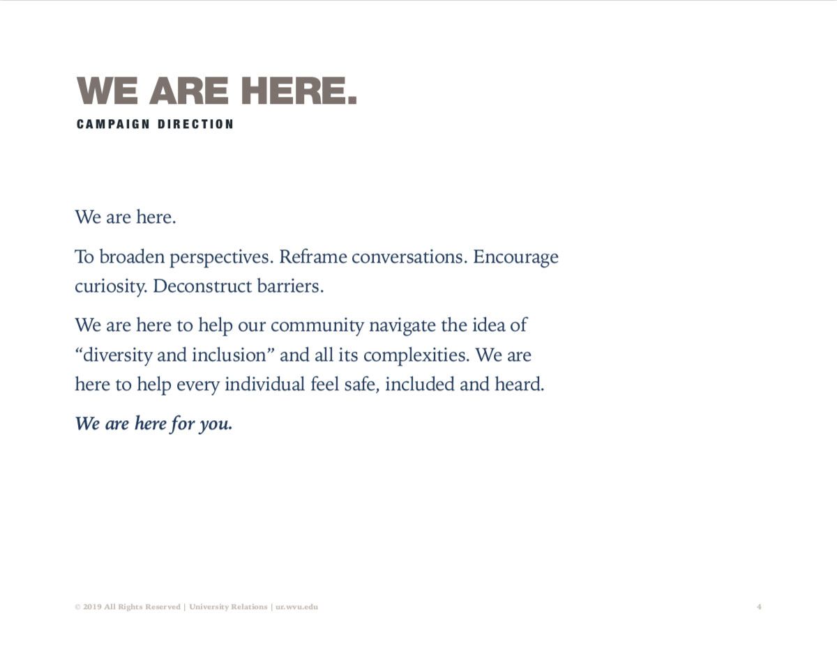 Screenshot of Diversity campaign guide detailing main concept of "We are here."