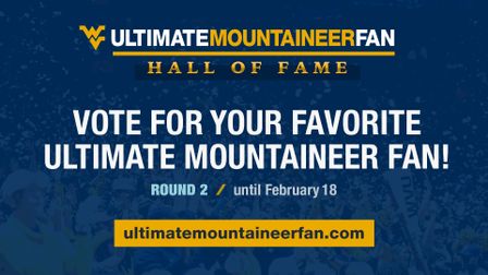 Navy graphic with Ultimate Mountaineer Fan Hall of Fame and verbiage to vote for your favorite ultimate Mountaineer Fan.