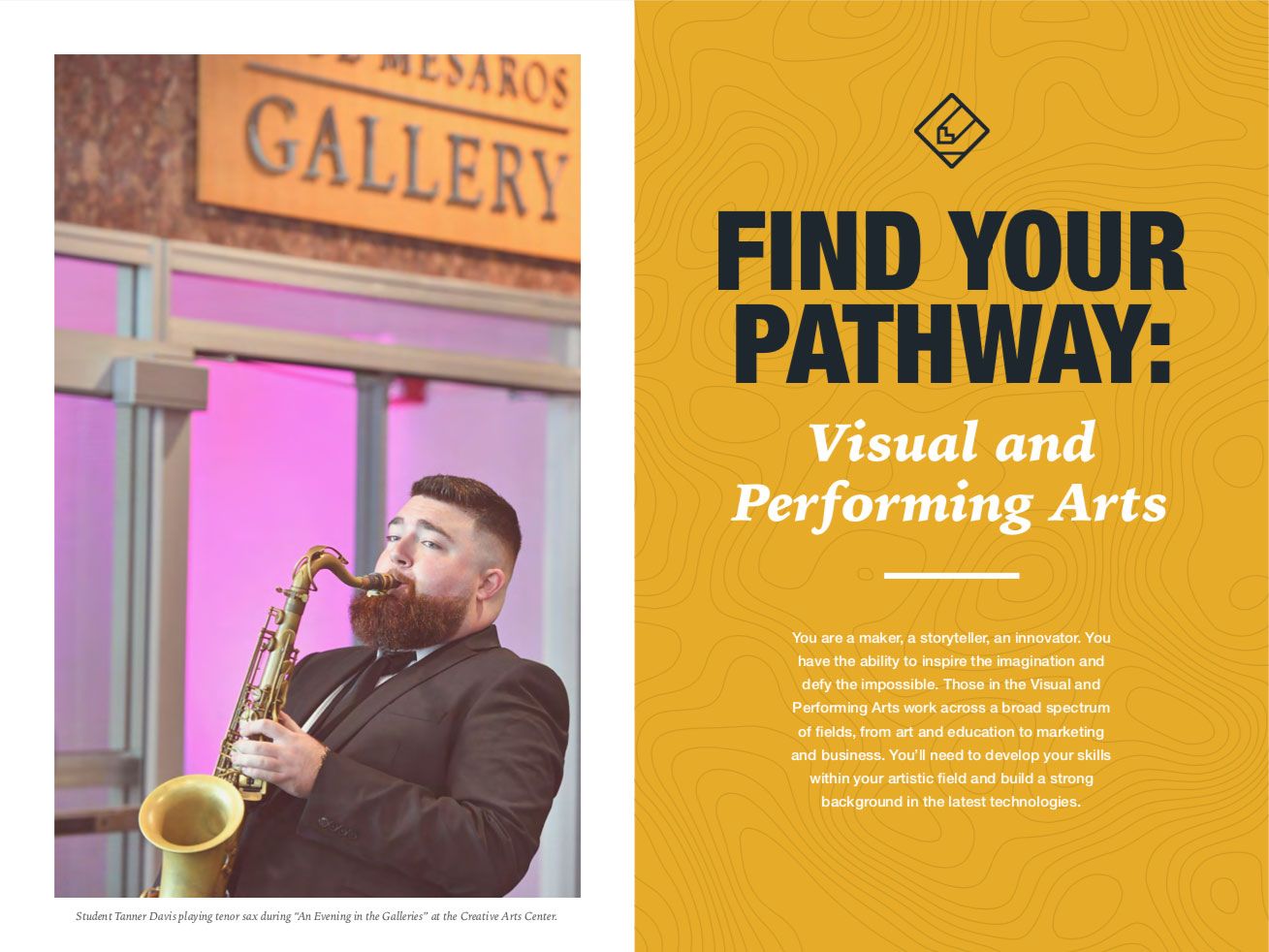Career Pathway brochure spread with saxophone player