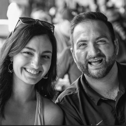 black and white photo of steven saab and his wife smiling