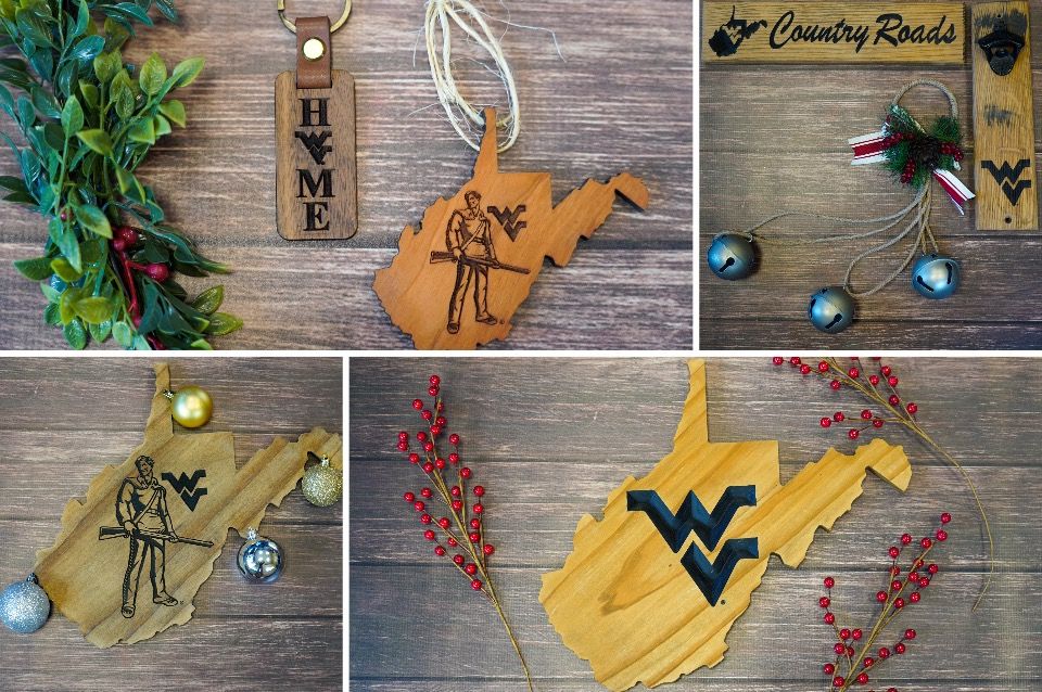 Wooden WVU Branded plaques with holiday decor