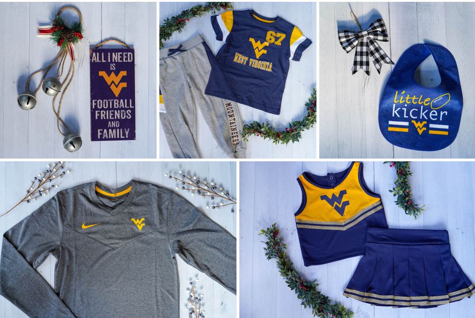WVU branded products on a grid including youth cheerleading outfit, t-shirt, bib, sign and grey shirt