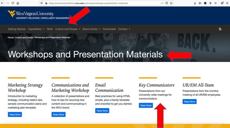 Screenshot of UR website showing user to go to Workshop and Presentation Materials then Key Communicators