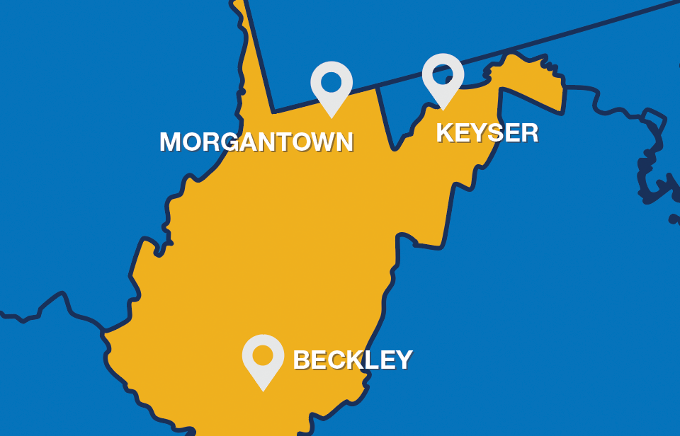 Map of WV showing Morgantown, Keyser, and Beckley locations